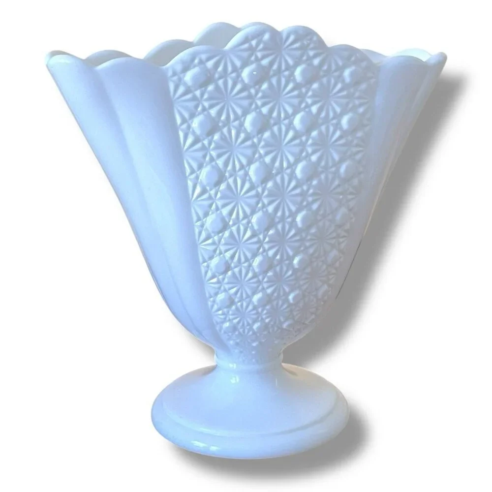 Vintage Fenton Daisy and Button Fan Vase White Milk Glass Cottagecore Farmhouse